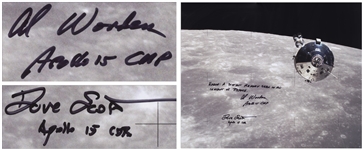 Al Worden & Dave Scott Signed 20 x 16 Photo of the Apollo 15 Command Module Against the Moon -- Worden Additionally Writes Earth: A distant memory seen in an instant of repose
